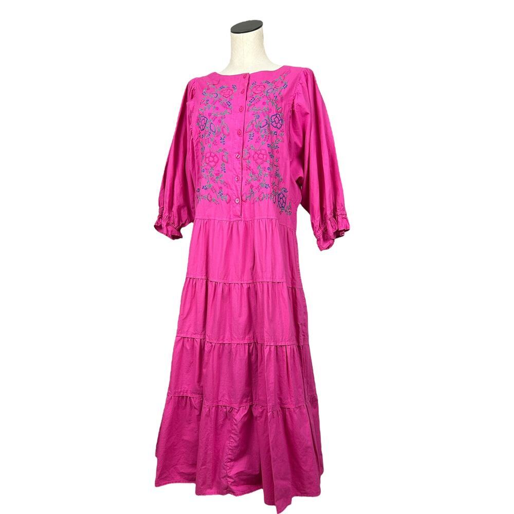 Vintage Preppy Pink Tiered Long Sleeve Floral Embroidered Button Front Maxi L